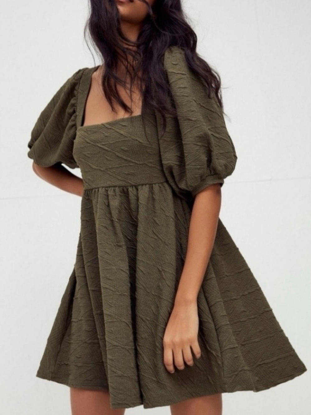 Free People Textured Puff Sleeve Square Neck Dress - Olive